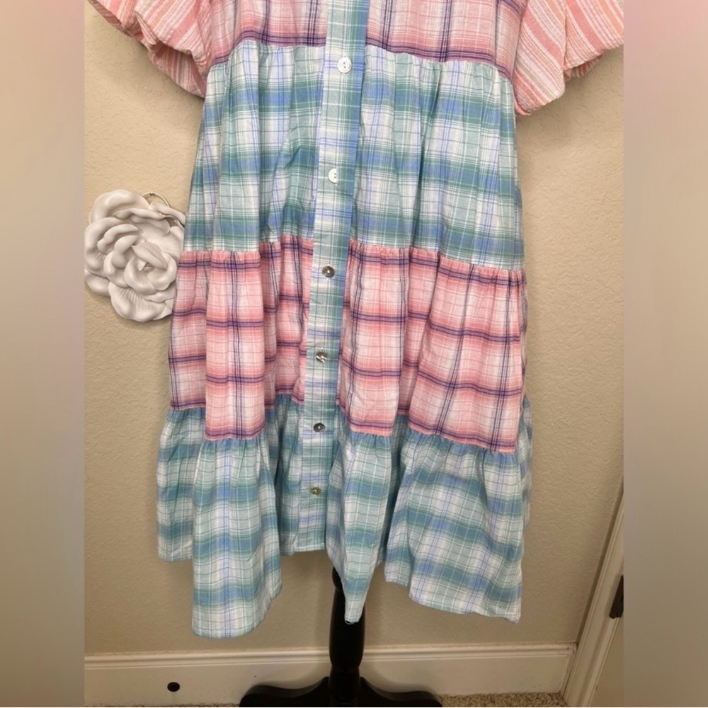 NTM: Entro Bubble Sleeve Blue, Green, Pink & White Plaid Lined Mini Dress Sz L - Picture 4 of 14